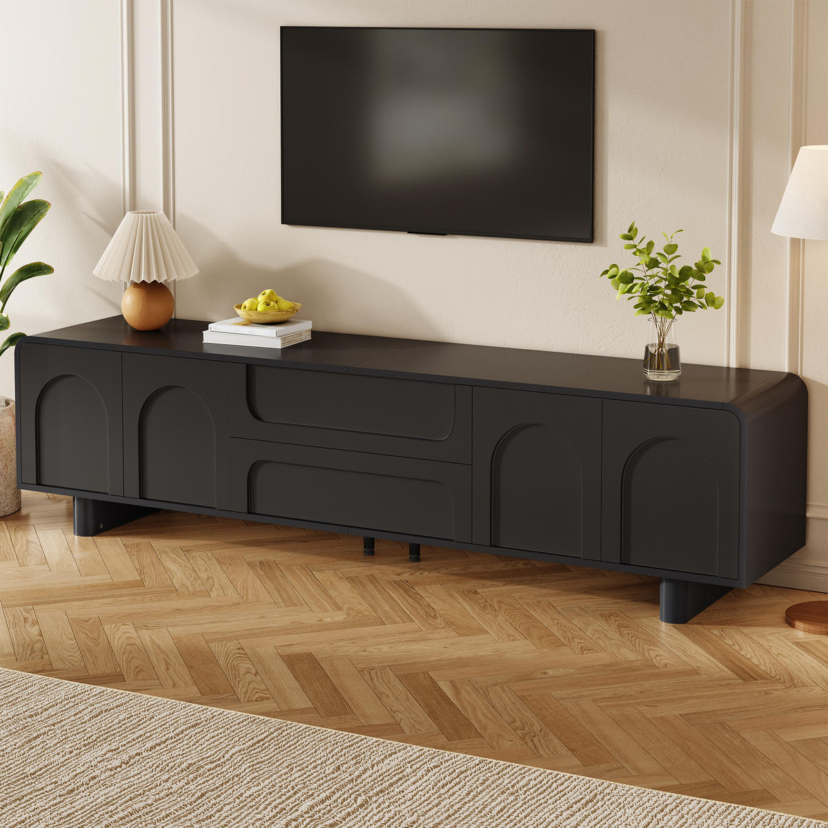 TV-SCHRANK 180/40/46 cm Schwarz mit 4 Türen und 2 Schubladen - Schwarz, Holzwerkstoff (180/46/40cm) - Oxeza