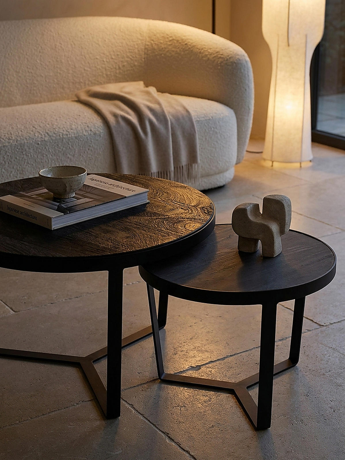 COUCHTISCH Set – 2-teilig Rund Akazie Massivholz Steinoptik Metall Schwarz Anthrazit - Schwarz, Holz/Metall (60/60/40cm) - KADIMA DESIGN