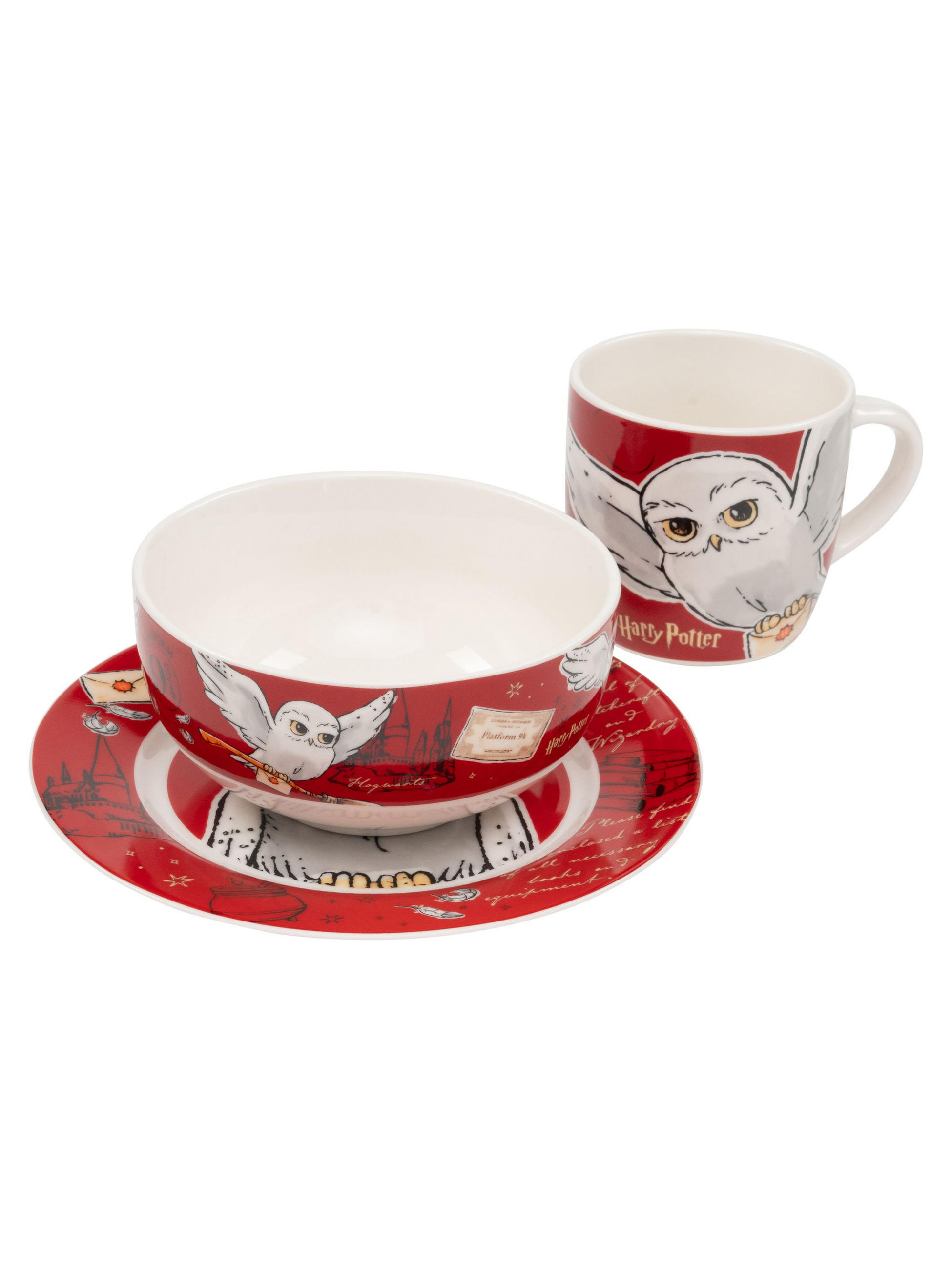 FRÜHSTÜCKSSET Harry Potter Hedwig Eule Rot 3-teilig - Rot, Keramik (23.8/11.2/23.3cm) - United Labels