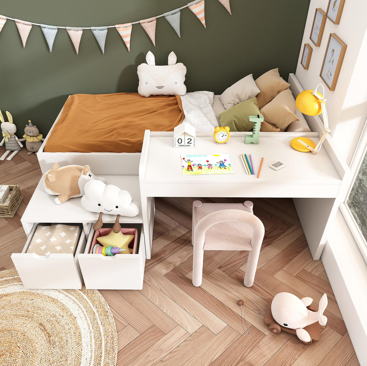 KINDERBETT 90/200 cm mit Schreibtisch und 2 Schubladen aus Massivholz und MDF, platzsparend, Weiß - Weiß, Holzwerkstoff - Redom