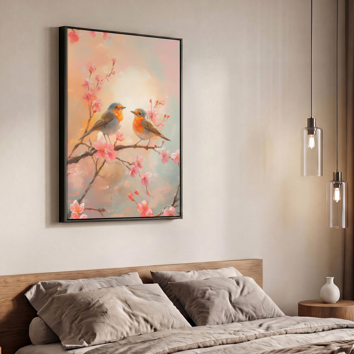 LEINWAND Bilder mit Rahmen - Rotkehlchen - Zierpflanze - Blütenzweig - 70x100 - Hellrosa, Textil (70/100cm) - MuchoWow