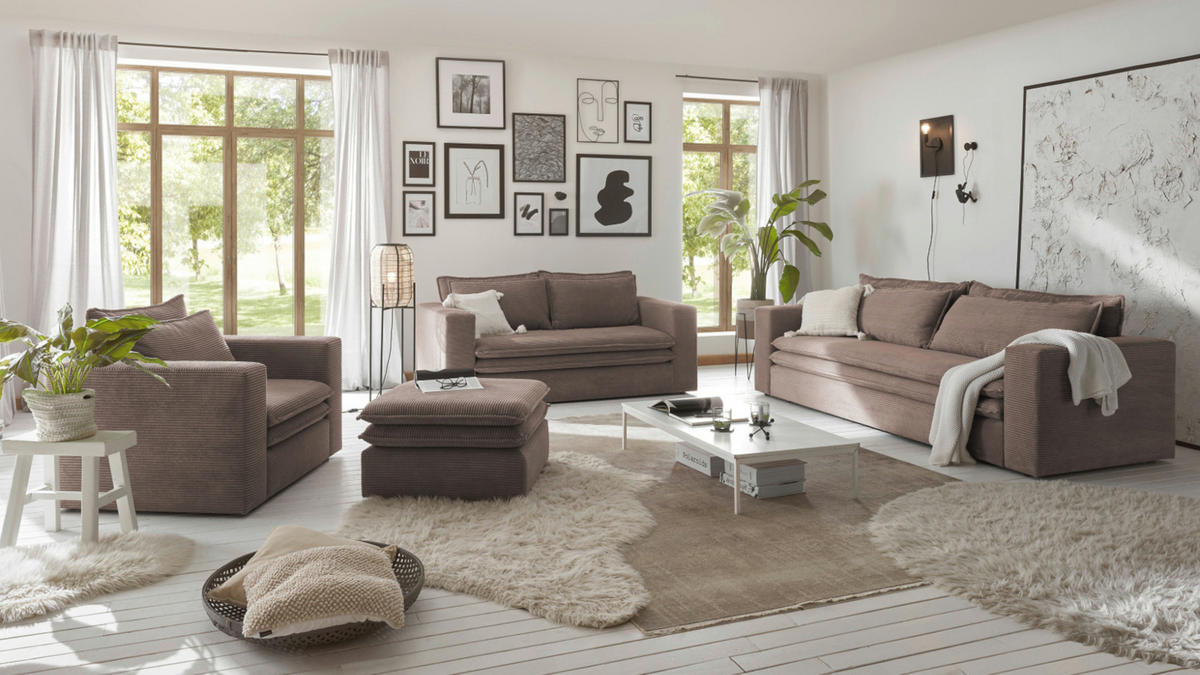 LOVESEAT Set braun Cord, Couch Loungesessel inklusive Hocker - Beige/Braun, Holz/Kunststoff (176/83/125cm) - Furn.Design