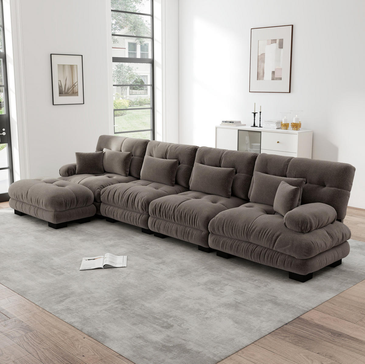 ECKSOFA aus Chenille 406x145x81 cm in Braun mit beweglichem Ottoman - Braun, Textil (145/81/406cm) - Modfu