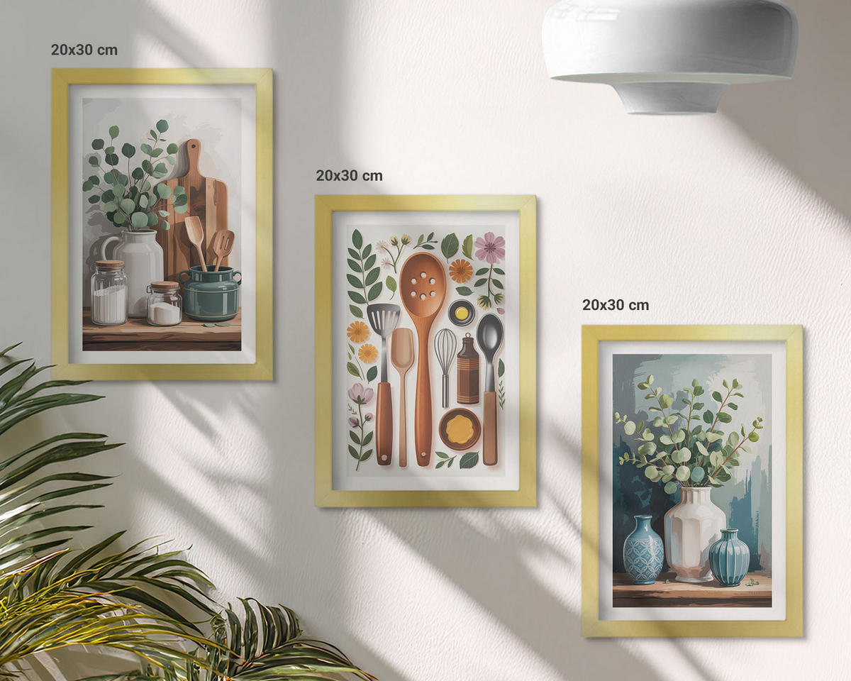 WANDBILDER 3er Set - 20x30 cm Goldrahmen - Küchenaccessoires auf pflanzlicher Basis - Goldfarben, Kunststoff (20/30cm) - ArtPrintCave