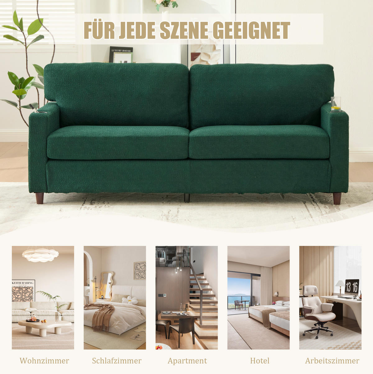 ZWEISITZER Sofa Chenille mit USB-Anschluss LED und Getränkehaltern 203/77,5/86 cm Smaragdgrün - Smaragdgrün, Textil (77.5/86/203cm) - Redom