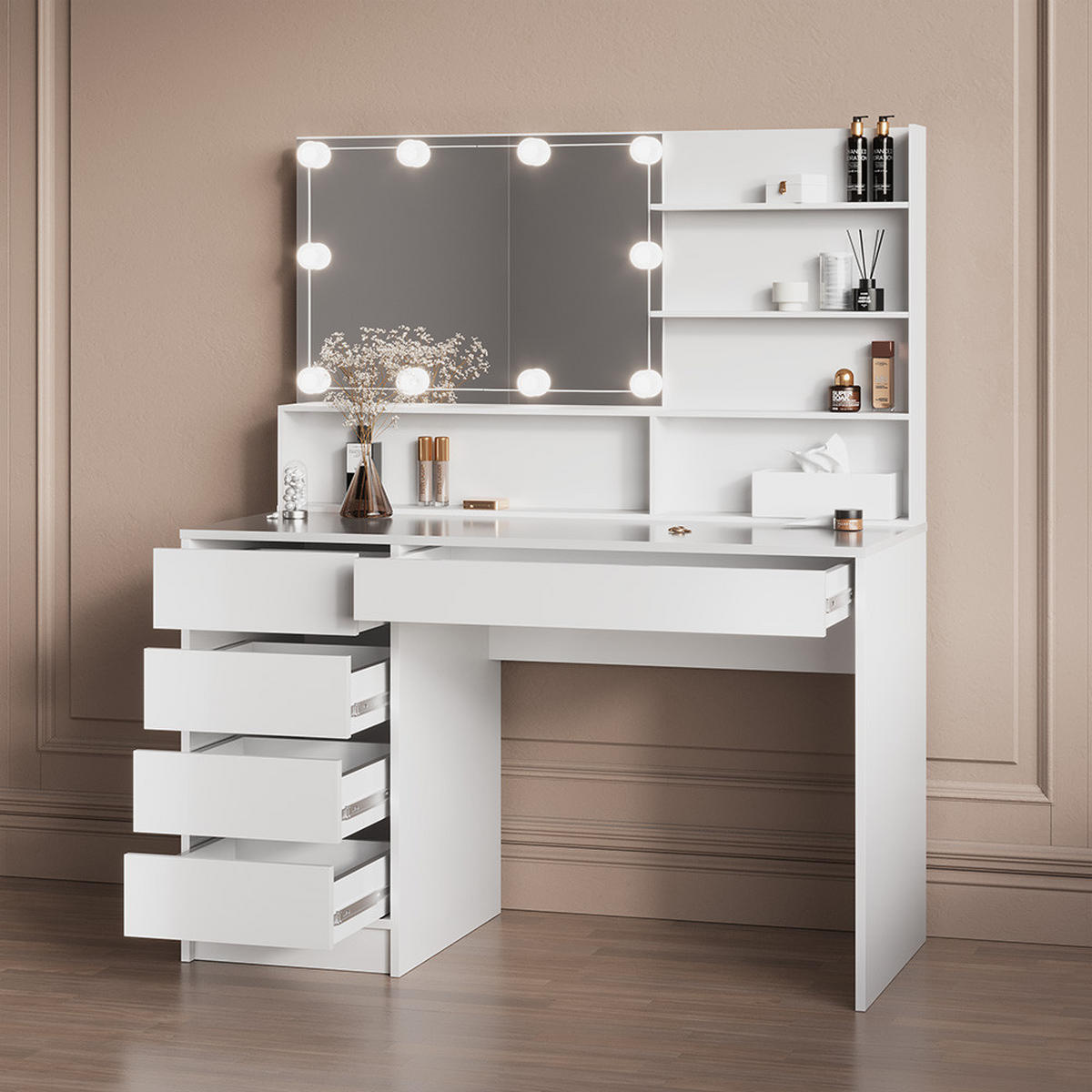 SCHMINKTISCH Imola Weiß 145 cm mit LED Beleuchtung, und Spiegelregal - Weiß, Holzwerkstoff (145/75/55cm) - Livinity®