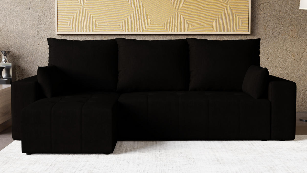 ECKSOFA Tico mit Bettkasten und Schlaffunktion, L-Form/XL-Form, Velourstoff, Universal - Schwarz, Holzwerkstoff (246/145cm) - 4ALL HOME