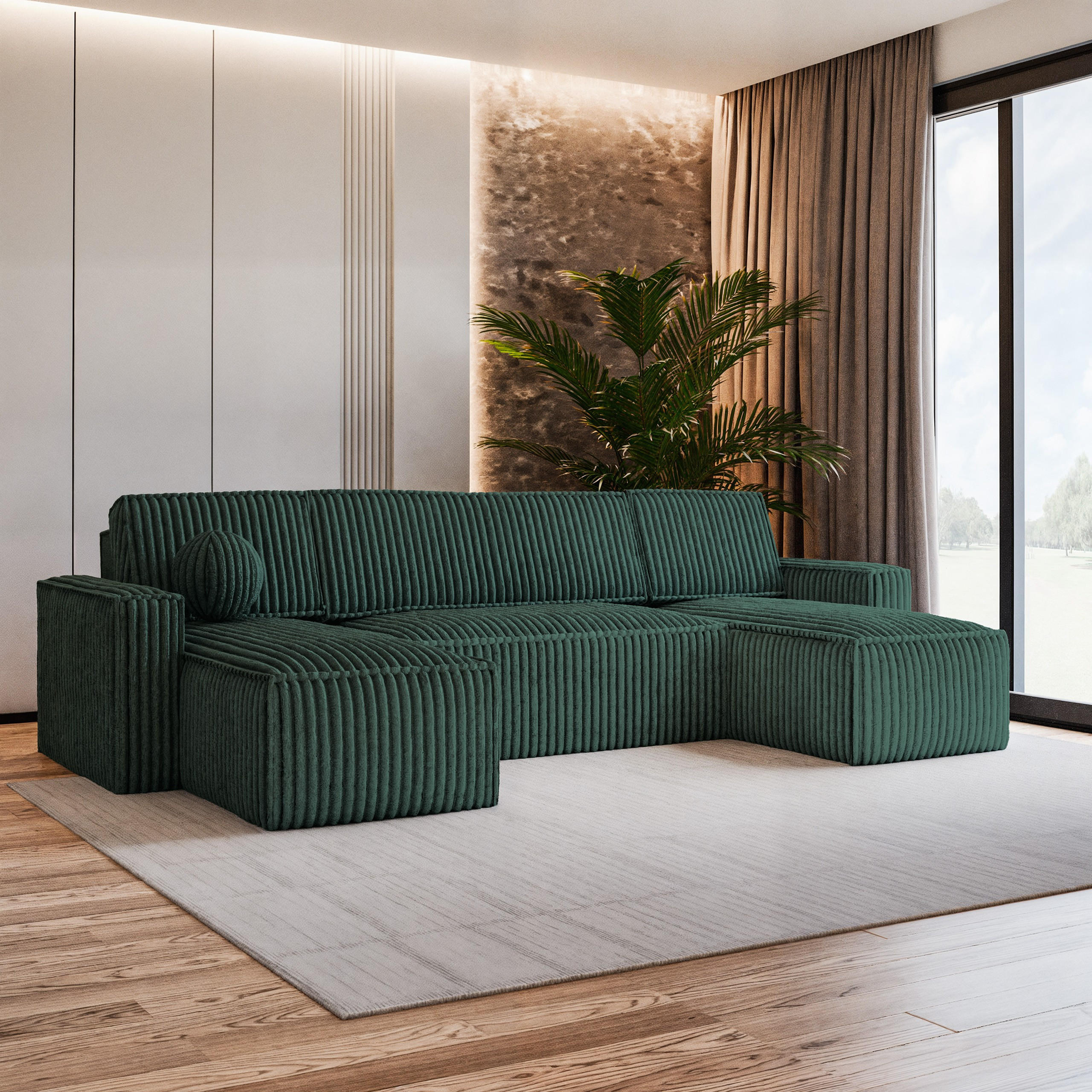 WOHNLANDSCHAFT PESANO T Grün Kordstoff mit Schlaffunktion - Grün, Holz (306/85/140cm) - MASSENO