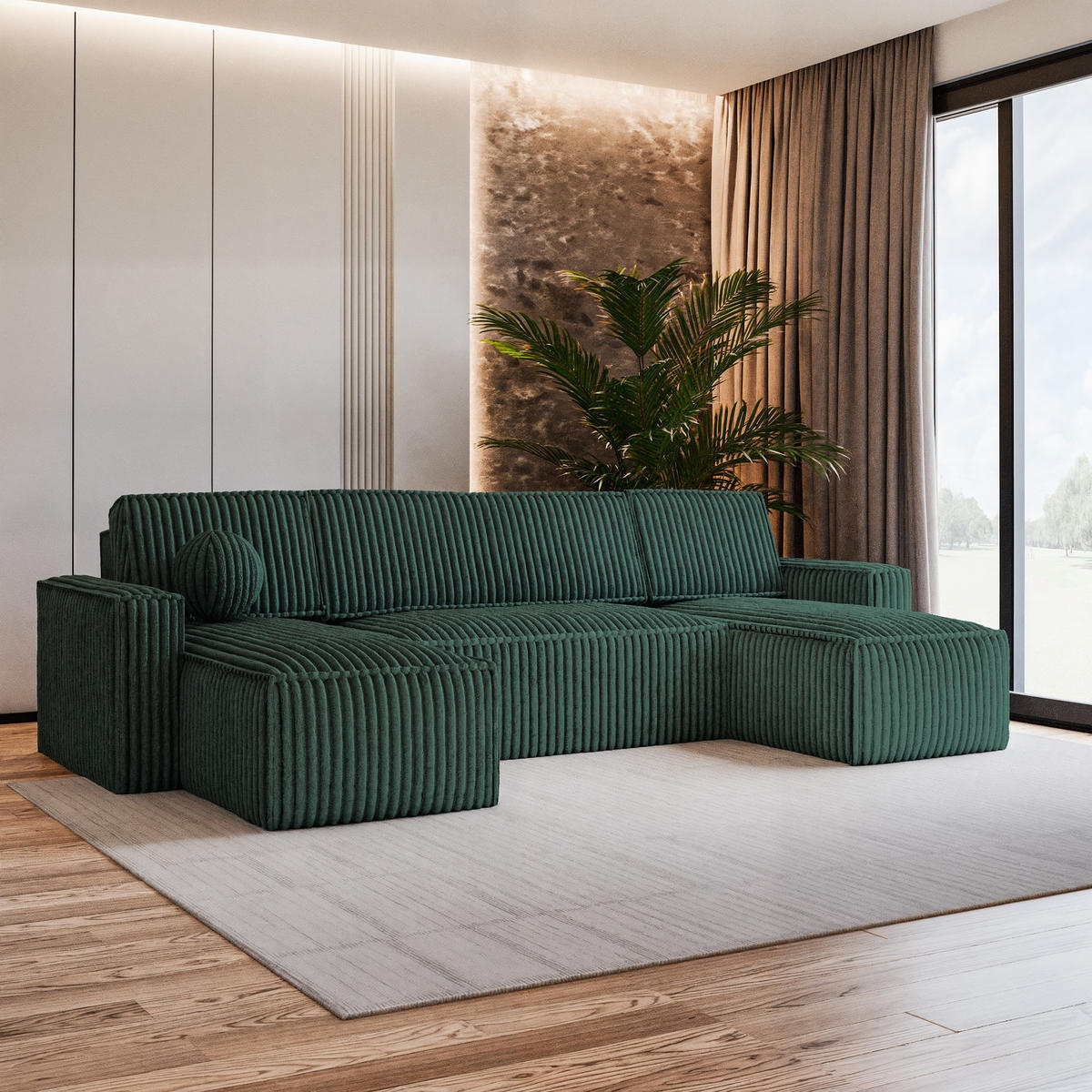 WOHNLANDSCHAFT PESANO T Grün Kordstoff mit Schlaffunktion - Grün, Holz (306/85/140cm) - MASSENO