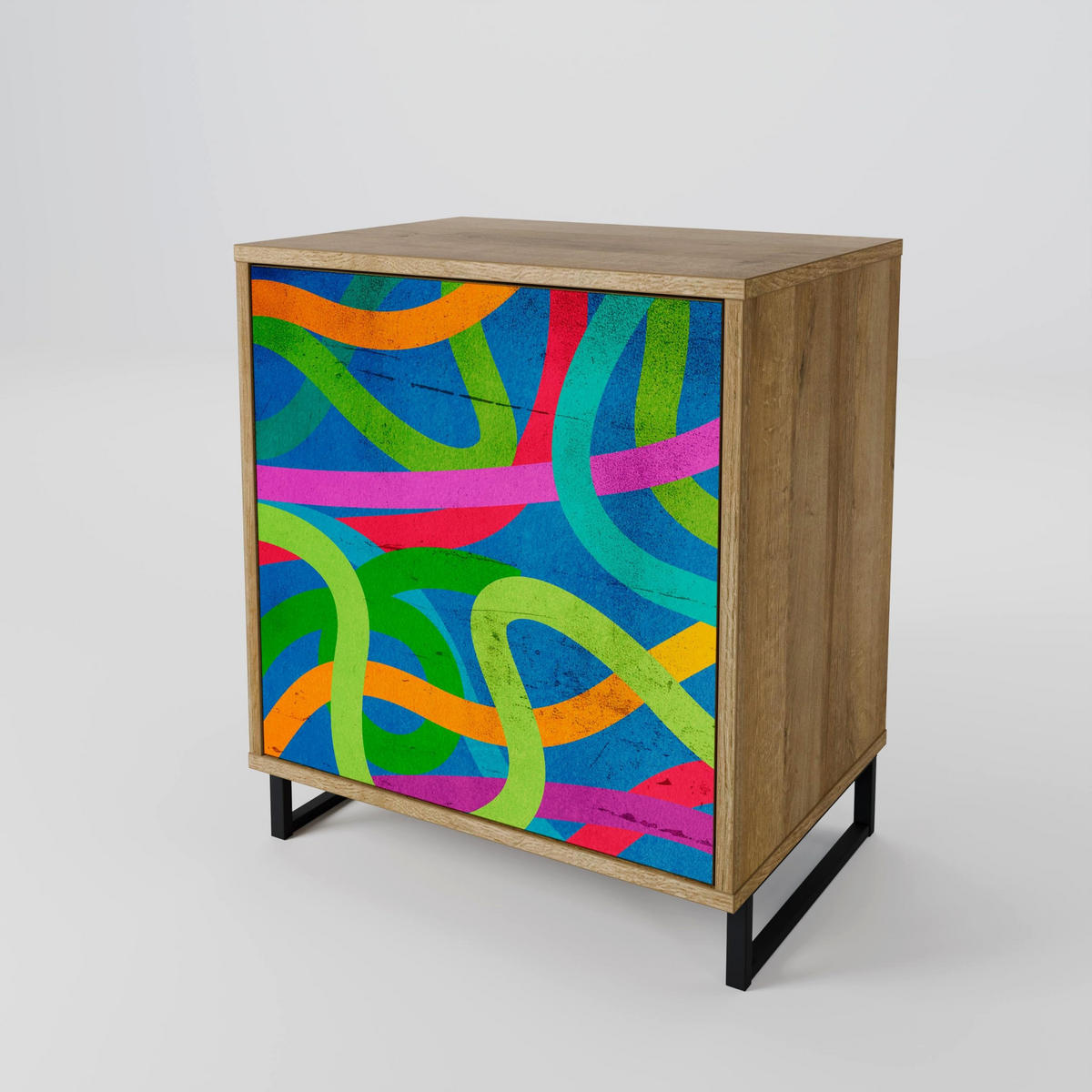 SIDEBOARD STREAMER TANGLE, Eichefarben, 57,5x42x70,5 cm, Schwarze Metall-Sternfüße - Eichefarben/Multicolor, Holzwerkstoff/Metall (57.5/70.5/42cm) - SpaceRebels