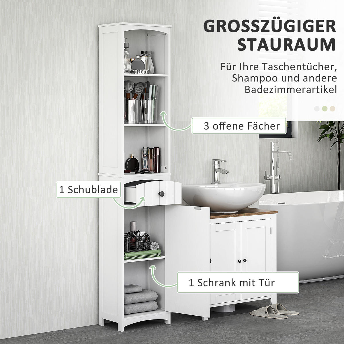 HOCHSCHRANK mit 3 Regalen, 1 Schublade, Weiß, 34x24x170,5cm - Weiß, Holz (34/170.5/24cm) - HOMCOM