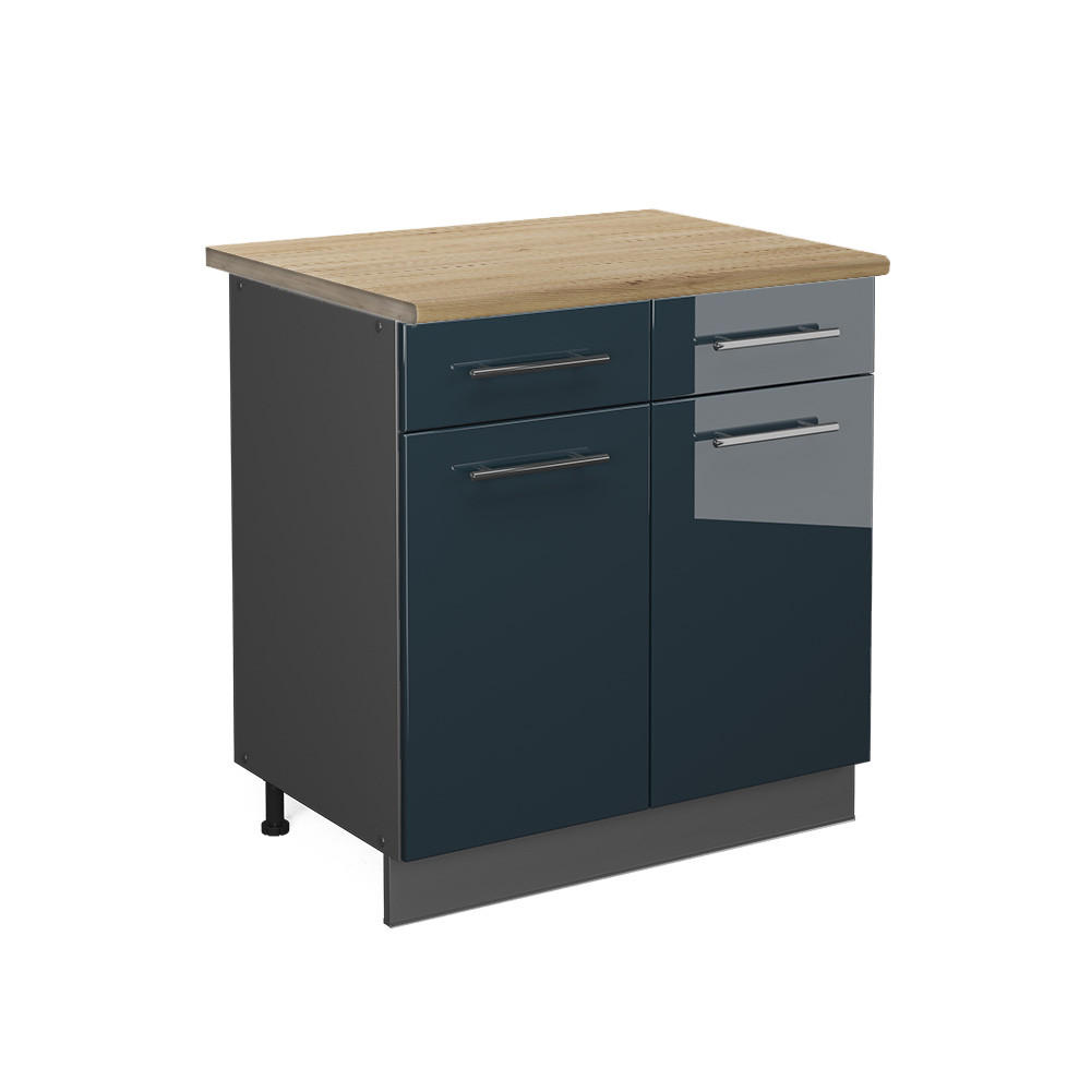 KÜCHENUNTERSCHRANK Fame-Line Dunkelblau Hochglanz 80 cm, AP Eiche - Anthrazit/Dunkelblau, Holzwerkstoff (80/82/60cm) - Vicco