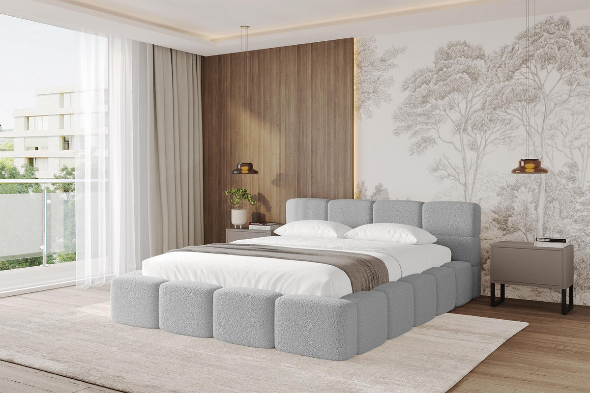 POLSTERBETT mit Bettkasten und Lattenrost, Bett mit Matratze H3/H4, Kopfteil, Boxbett, Doppelbett mit Stauraum - NATA-v1 160x200 Hellgrau - Hellgrau, Holzwerkstoff/Textil (160/200cm) - ALTDECOR