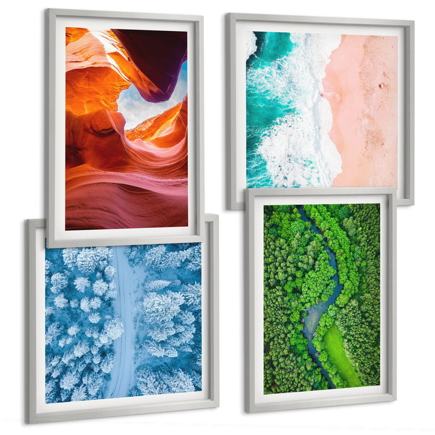 BILDER SET 4er Set - 50x50 cm & 40x60 cm Silberner Rahmen - Grün der Wasserschlucht im Winter - Silberfarben, Kunststoff (50/50cm) - TULUP