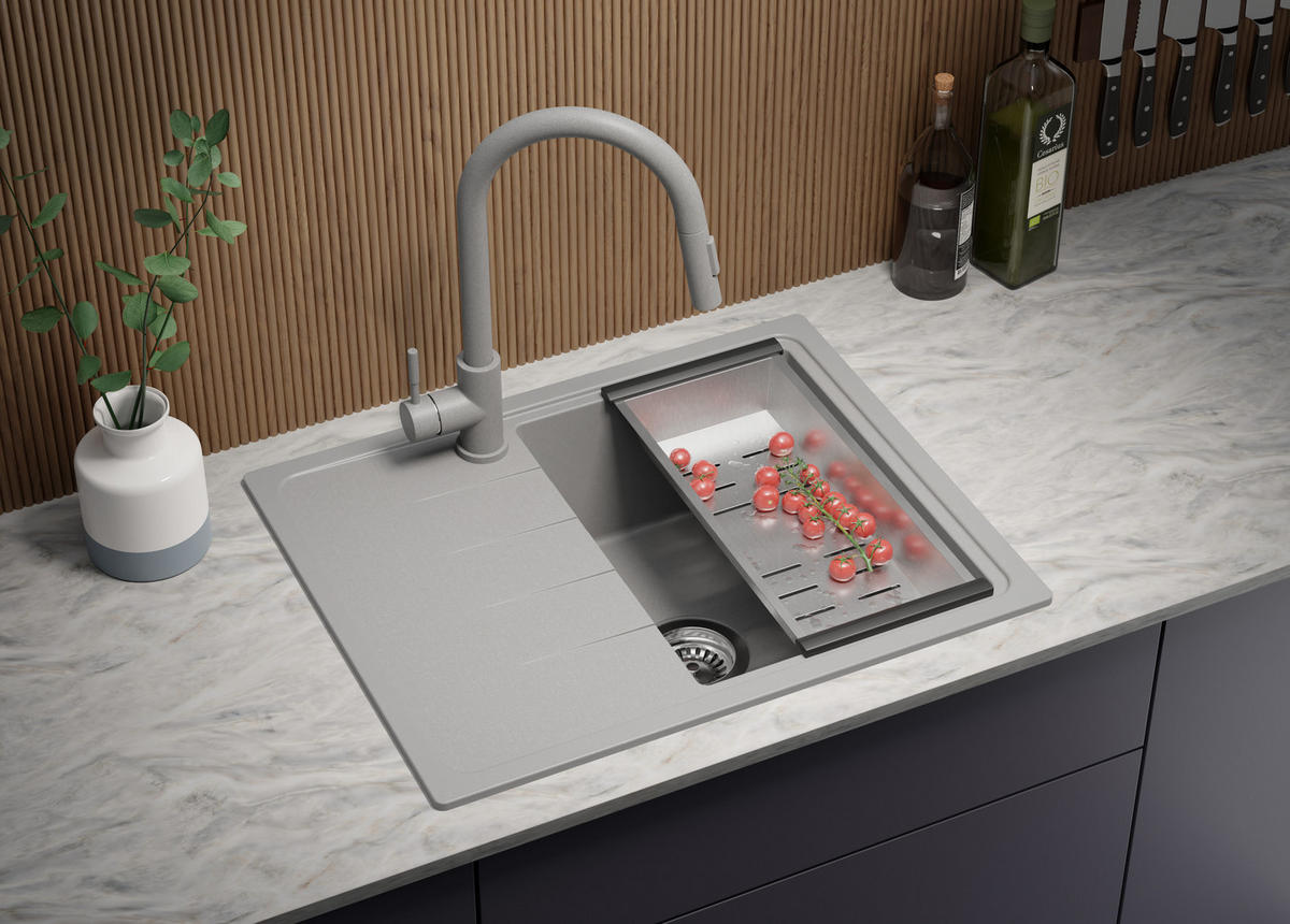 GRANITSPÜLE Mailand, 2-er set Grau 62/50 cm 1 Becken + Küchenarmatur 32/20 cm + Ablauf-Set ab 40er Unterschrank - Chromfarben/Grau, Kunststoff (62/19/50cm) - Primagran