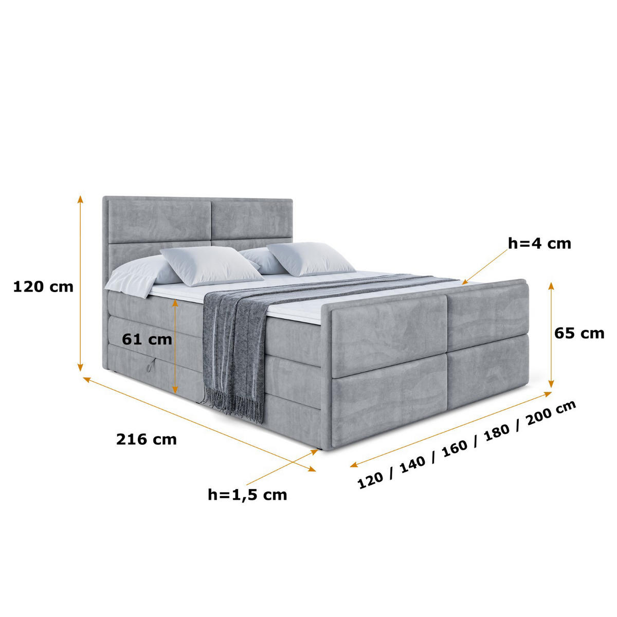 BOXSPRINGBETT AURA-Z KING - 200 x 200 - H3/H4 - Grau - Grau, Holzwerkstoff (200/200cm) - ALTDECOR
