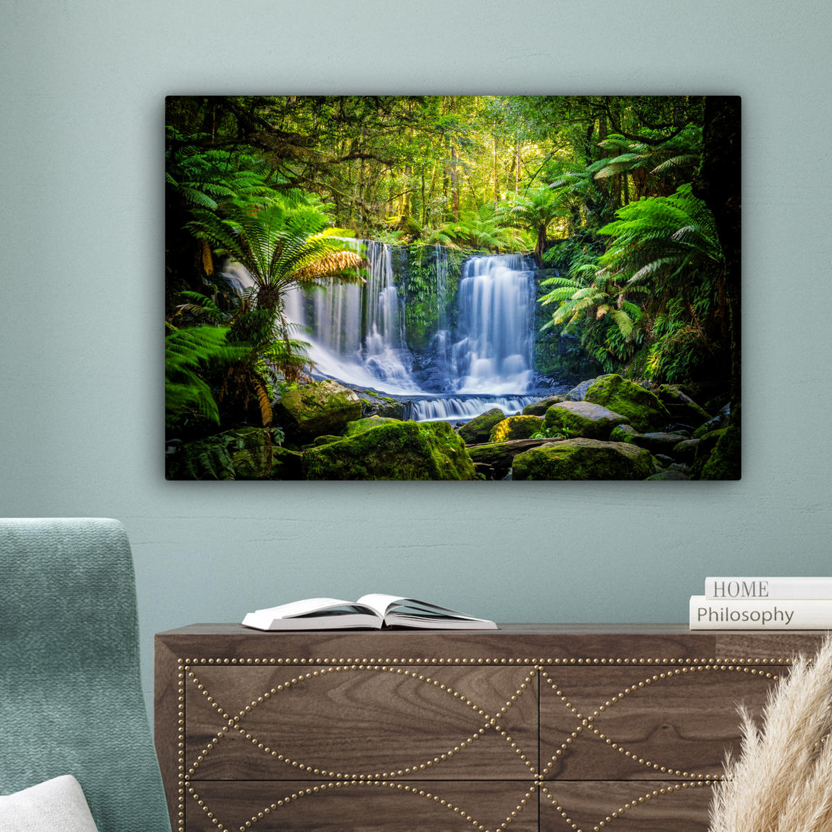 LEINWANDBILD Dschungel - Wasserfall - Australien - Pflanzen - Natur Gemälde 60x40 cm - Dunkelgrün, Textil (60/40cm) - MuchoWow
