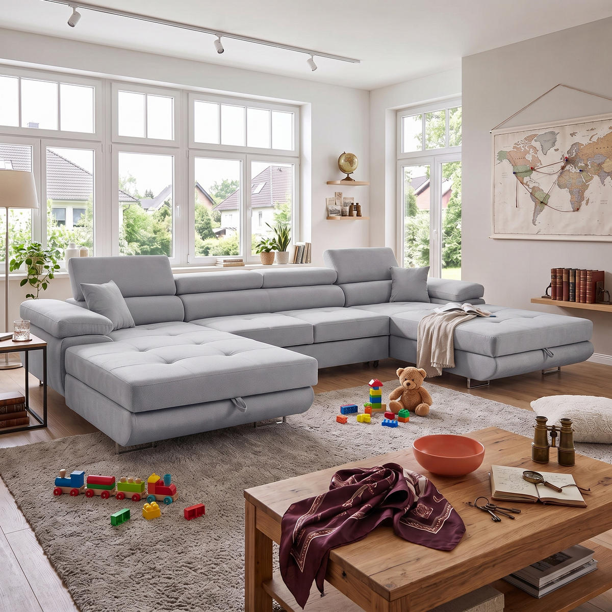 ECKSOFA U-Form ALONZO U mit Schlaffunktion 130x280 Velours Grau - Silberfarben/Grau, Holz/Textil (350/90/203cm) - Muffo