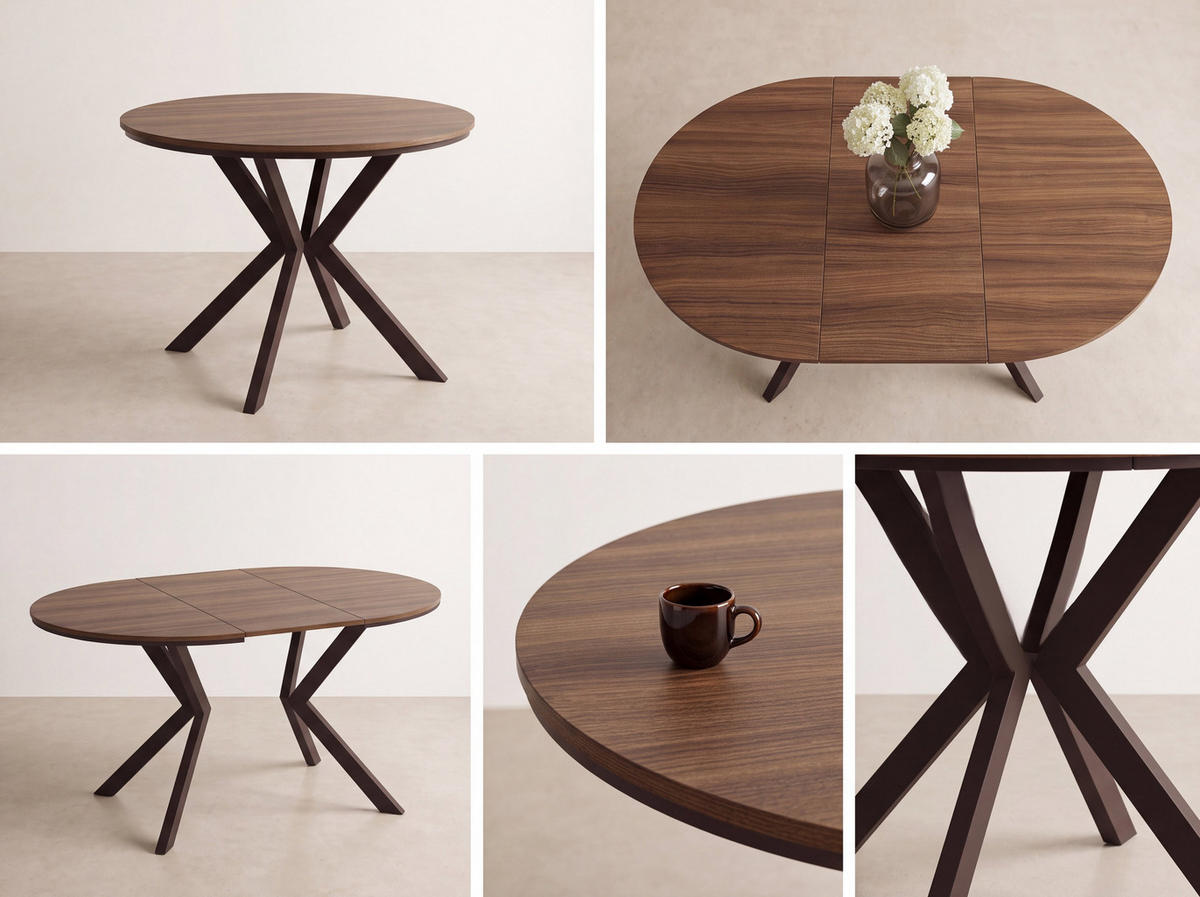 ESSTISCH Valio Neo rund oval ausziehbar verlängerbar mit braunen Metallbeinen, Beton Dunkelgrau 100-140/100/76 cm - Dunkelgrau/Braun, Holzwerkstoff/Metall (100/140/76cm) - WFL GROUP