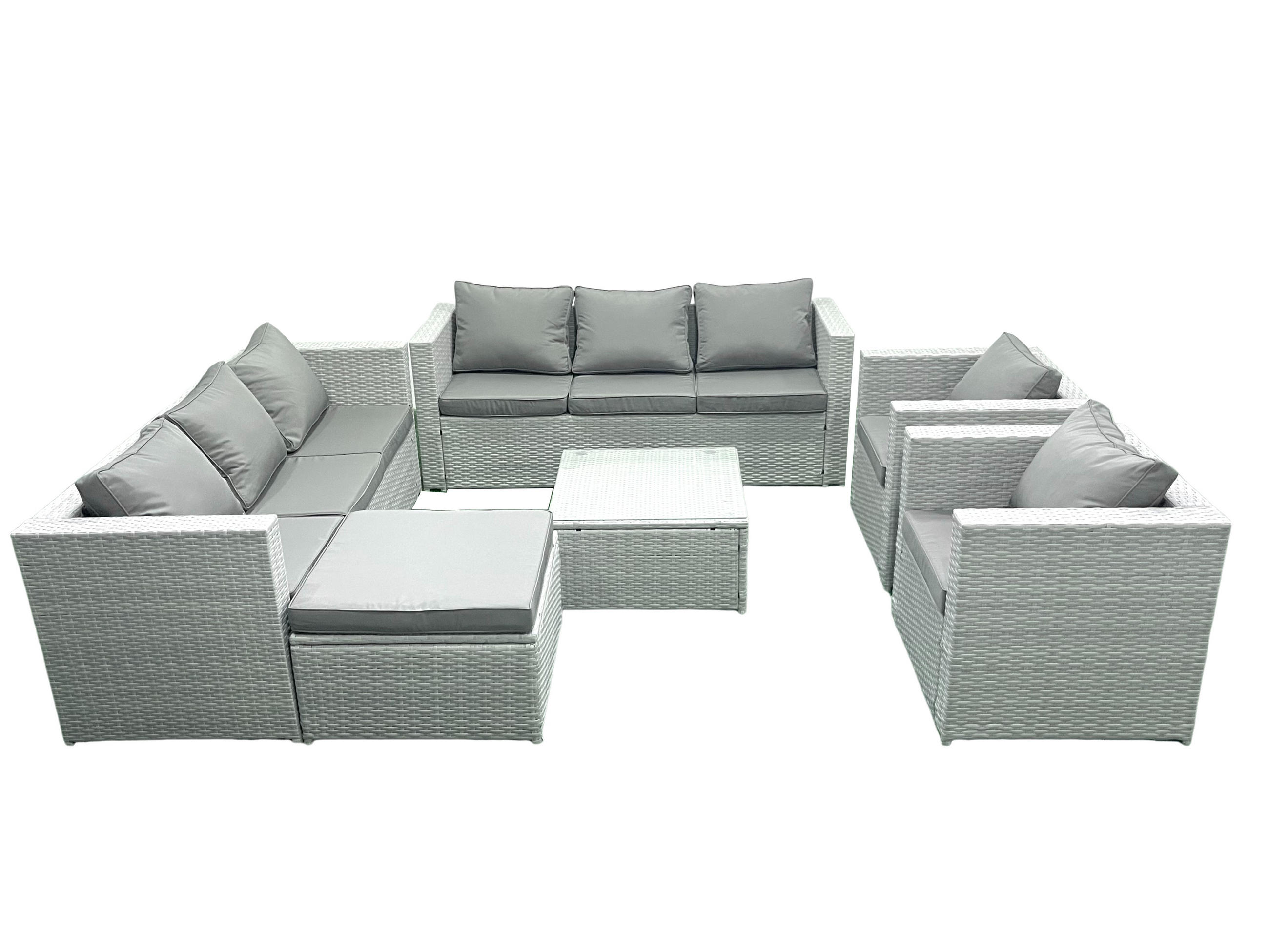 GARTENMÖBEL-SET mit Kissen Polyrattan Hellgrau-Mix 9-Sitzer - Hellgrau/Grau, Glas/Kunststoff - Fimous