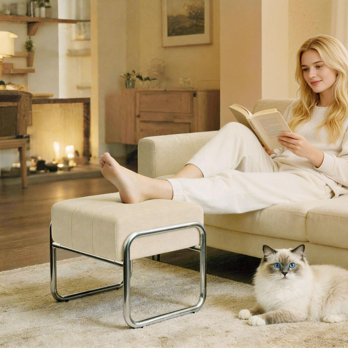 FUSSHOCKER Sitzhocker Dick Gepolstert Hocker mit Stahlbeinen für Schlafzimmer - Beige/Silberfarben, Textil/Metall (42/42/52cm) - HOMCOM
