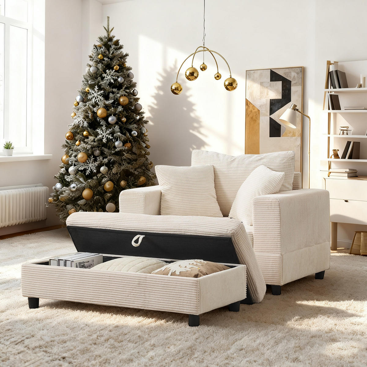 SOFA Cord Beige mit Stauraum - Beige, Holzwerkstoff/Kunststoff (137.5/89/81cm) - WISHDOR