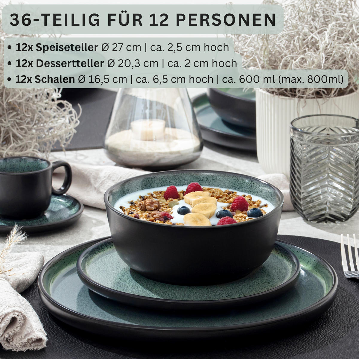 TAFELSERVICE MALMÖ - 36 teilig aus Steingut 12 Personen - Dunkelgrün, Stein (50/30/80cm) - Sänger