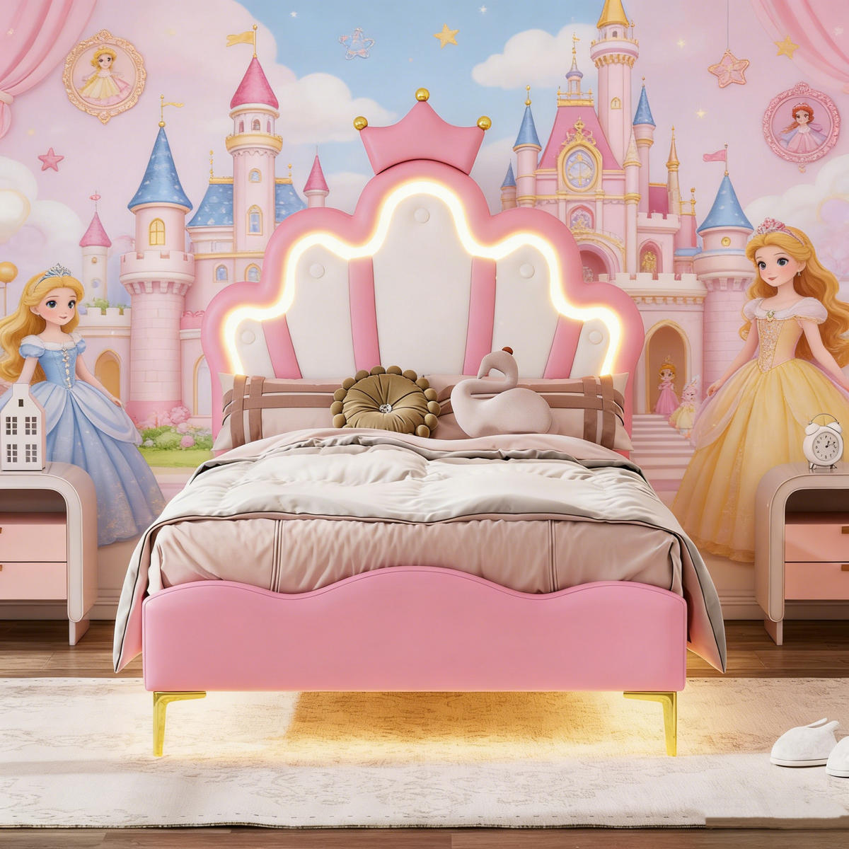 KINDERBETT 90 x 190 cm, Prinzessinnen, mit RGB-LED-Beleuchtung, gepolsterter Krone, höhenverstellbarem Bettgestell, Rosa - Pink, Leder/Holz (190/90cm) - BursDany