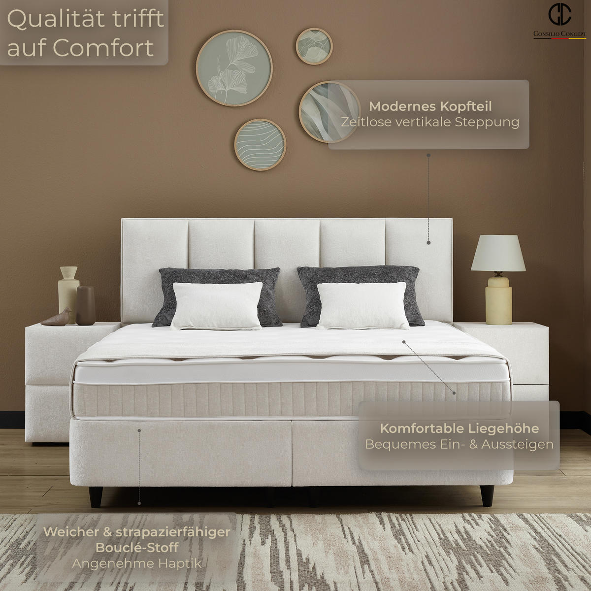 BOXSPRINGBETT MIT BETTKASTEN LUCCA 90/200 cm, Ivory, Bettkasten, Matratze, Topper integriert, H3 mittel - Creme/Schwarz, Holz/Kunststoff (90/200cm) - Consilio Concept