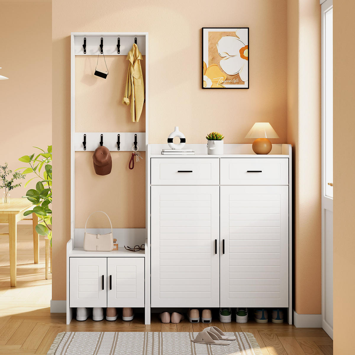 GARDEROBE-SET Schuhschrank 8 Haken 6 Ablagen Weiß - Weiß, Holzwerkstoff (125/165/32cm) - FLIEKS