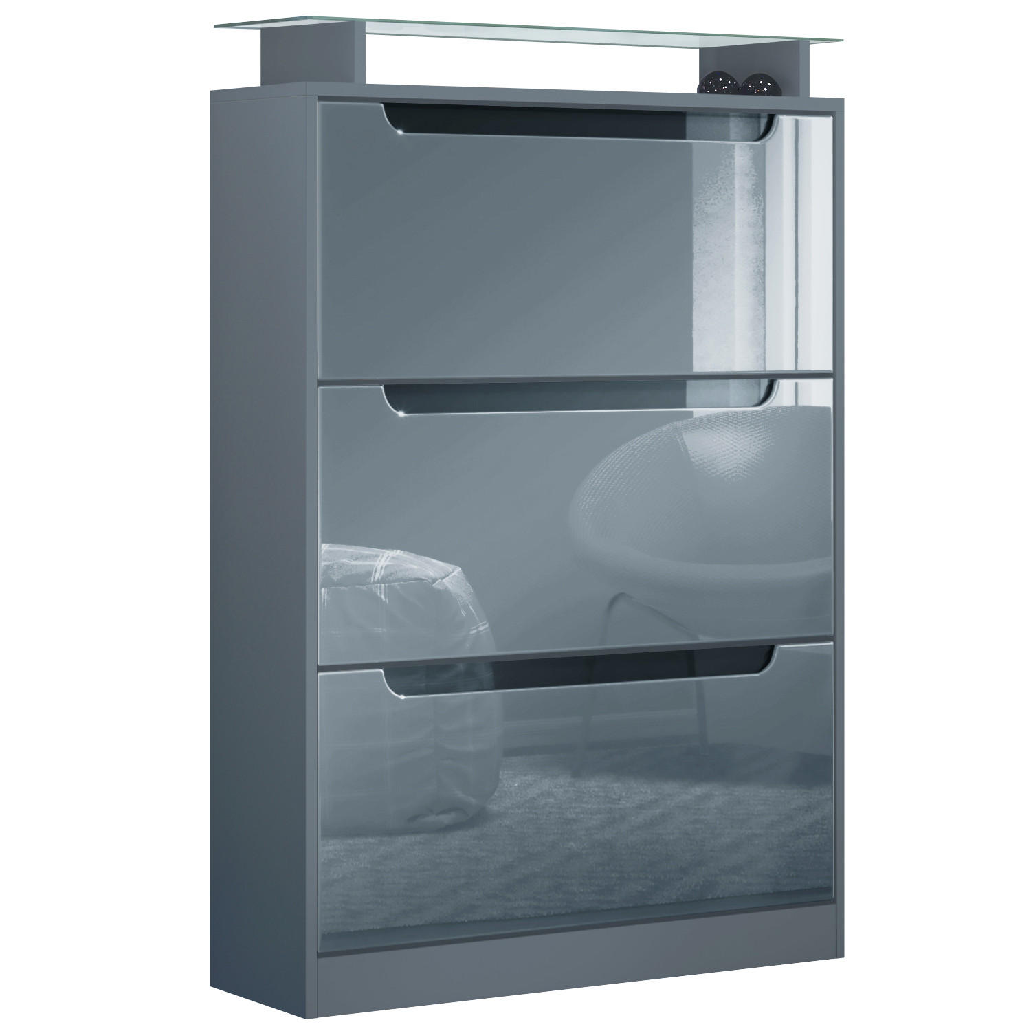 SCHUHSCHRANK Space Grau Hochglanz - Grau, Holzwerkstoff (89/128/23cm) - Vladon