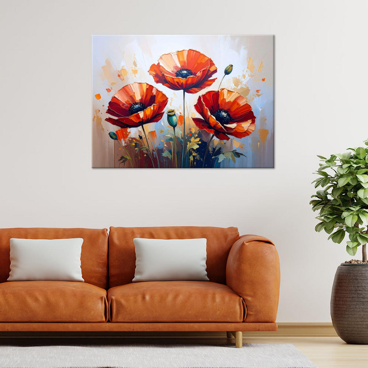 LEINWANDBILD Rote Mohnblumen auf beigem Hintergrund 120x80cm - Rot, Textil (120/80cm) - Feeby