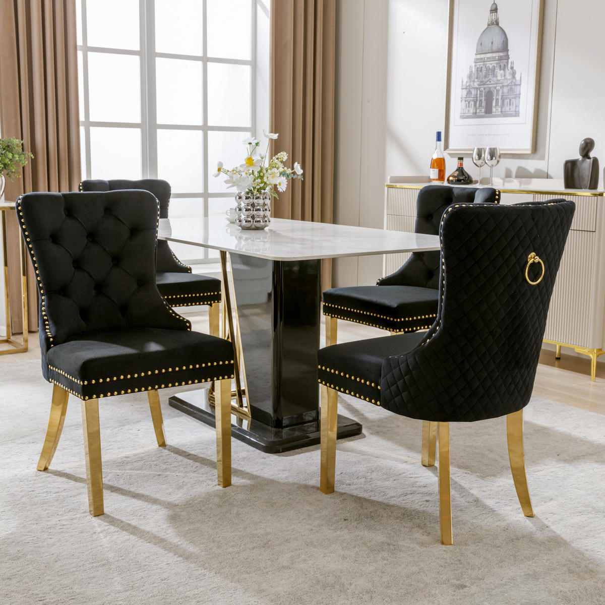 WOHNZIMMER STÜHLE mit Zugringen, Samt, Edelstahl, Schwarz/Gold - Schwarz, Textil (51/95/65.5cm) - EVRYAE