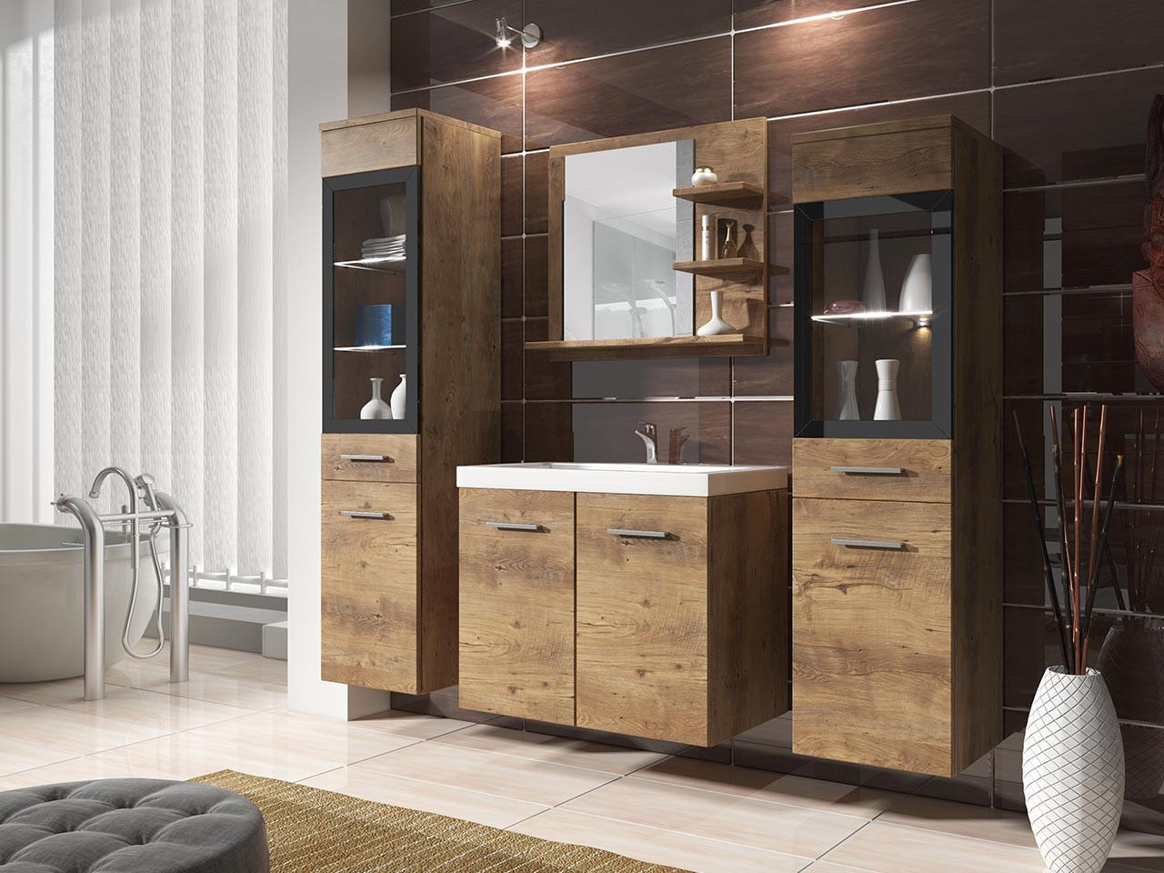 BADMÖBEL-SET Madrit I mit weißer LED Beleuchtung - Braun, Holzwerkstoff (30/132/30cm) - MIRJAN24