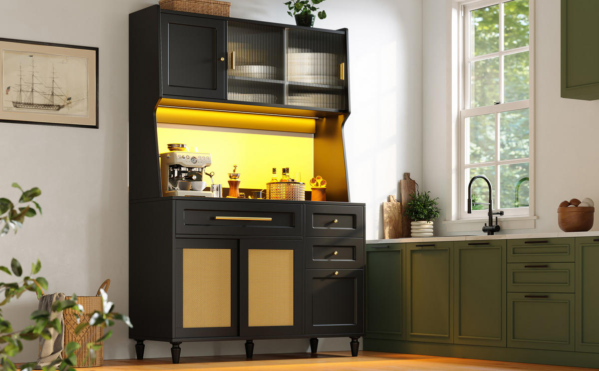 KÜCHENBUFFET mit 3 Schubladen, LED-Beleuchtung und Rattan-Optik, 120 x 45 x 195,5 cm, Schwarz, MDF, Spanplatte - Schwarz, Holzwerkstoff (120/195.5/45cm) - SONNENH