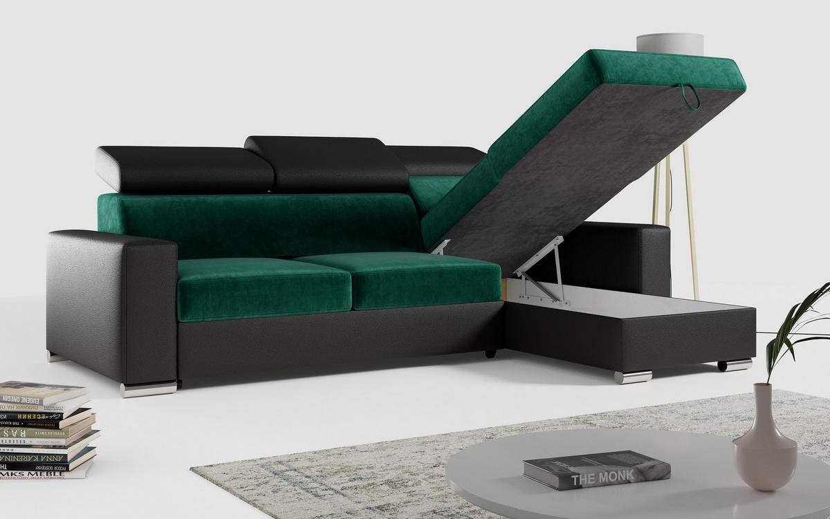 ECKSOFA FOX-L Dunkelgrün/Schwarz - Dunkelgrün/Silberfarben, Kunststoff/Textil (242/168cm) - MKS