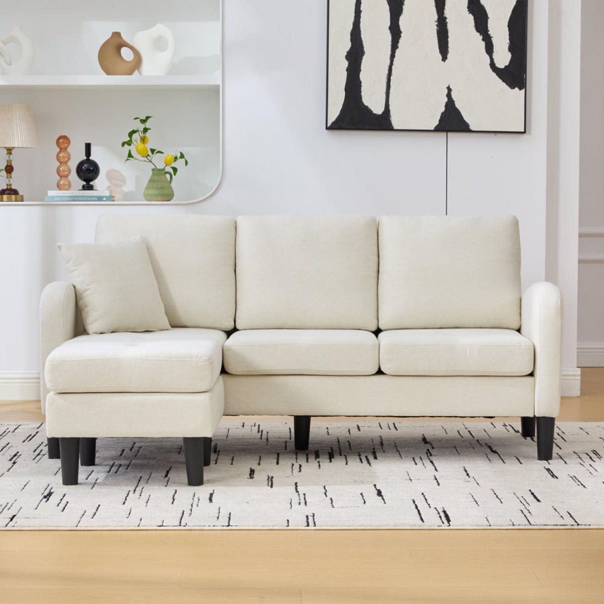 ECKSOFA Baumwoll-Leinenbezug mit modularer Chaiselongue Hellbeige 166/118/77 cm - Beige/Weiß, Textil (166/118cm) - Redom