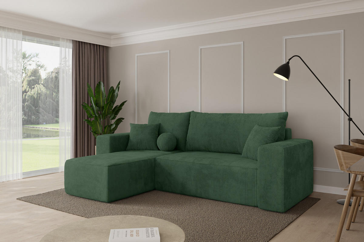 ROHOVÁ SEDAČKA s funkcí spaní, otoman vlevo SENO-L 249x139x85 zelená manšestr - černá/tmavě zelená, kompozitní dřevo/textil (249/139cm) - ALTDECOR