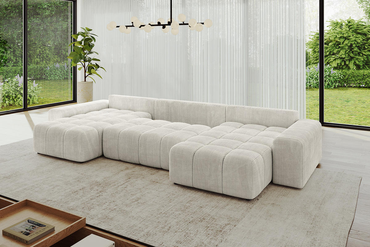 WOHNLANDSCHAFT ENIL-U 390x175x84 Hellgrau Cord - Hellgrau, Holzwerkstoff/Kunststoff (390/84/175cm) - ALTDECOR