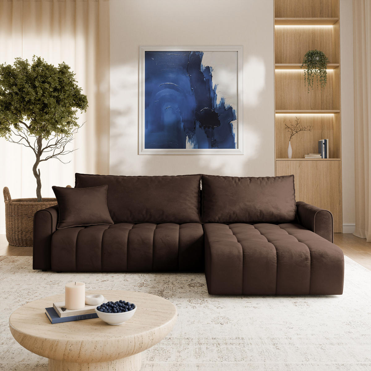 ECKSOFA FRIGA Braun Velours-Stoff mit Schlaffunktion - Braun, Holz (283/185cm) - MASSENO