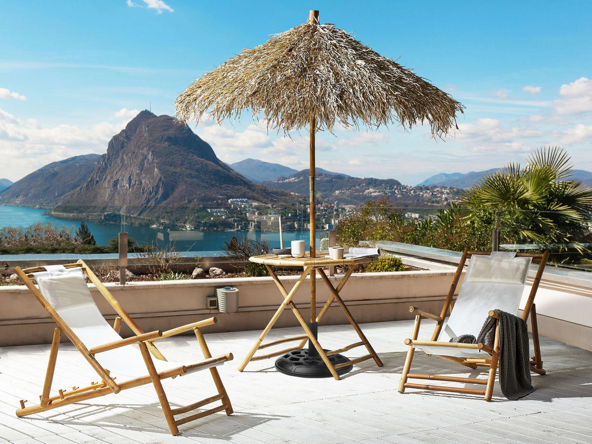 GARTEN BEISTELLTISCH mit Sonnenschirm Bambusholz Seegras Molise - Dunkelbraun, Holz (85/85/76cm) - Beliani