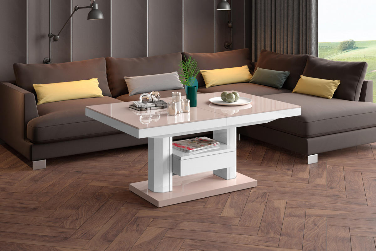 COUCHTISCH rechteckig höhenverstellbar ausziehbar Schublade 120/75/56 cm - Weiß Hochglanz/Cappuccino, Holzwerkstoff (75/120/56cm) - designimpex