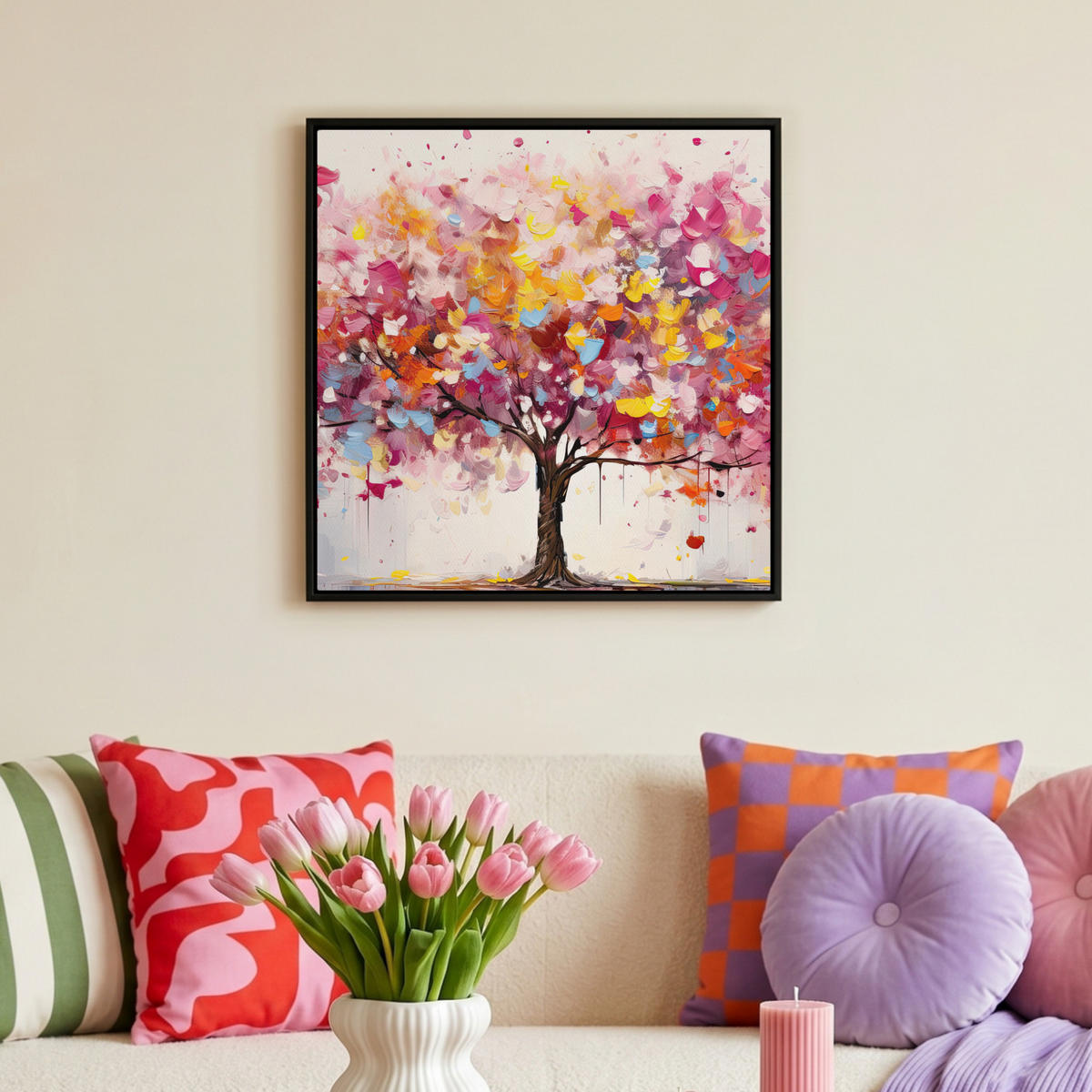 LEINWAND Bilder mit Rahmen - Aquarell - Baum - Kunst - Abstrakt - 50x50 - Multicolor, Textil (50/50cm) - MuchoWow