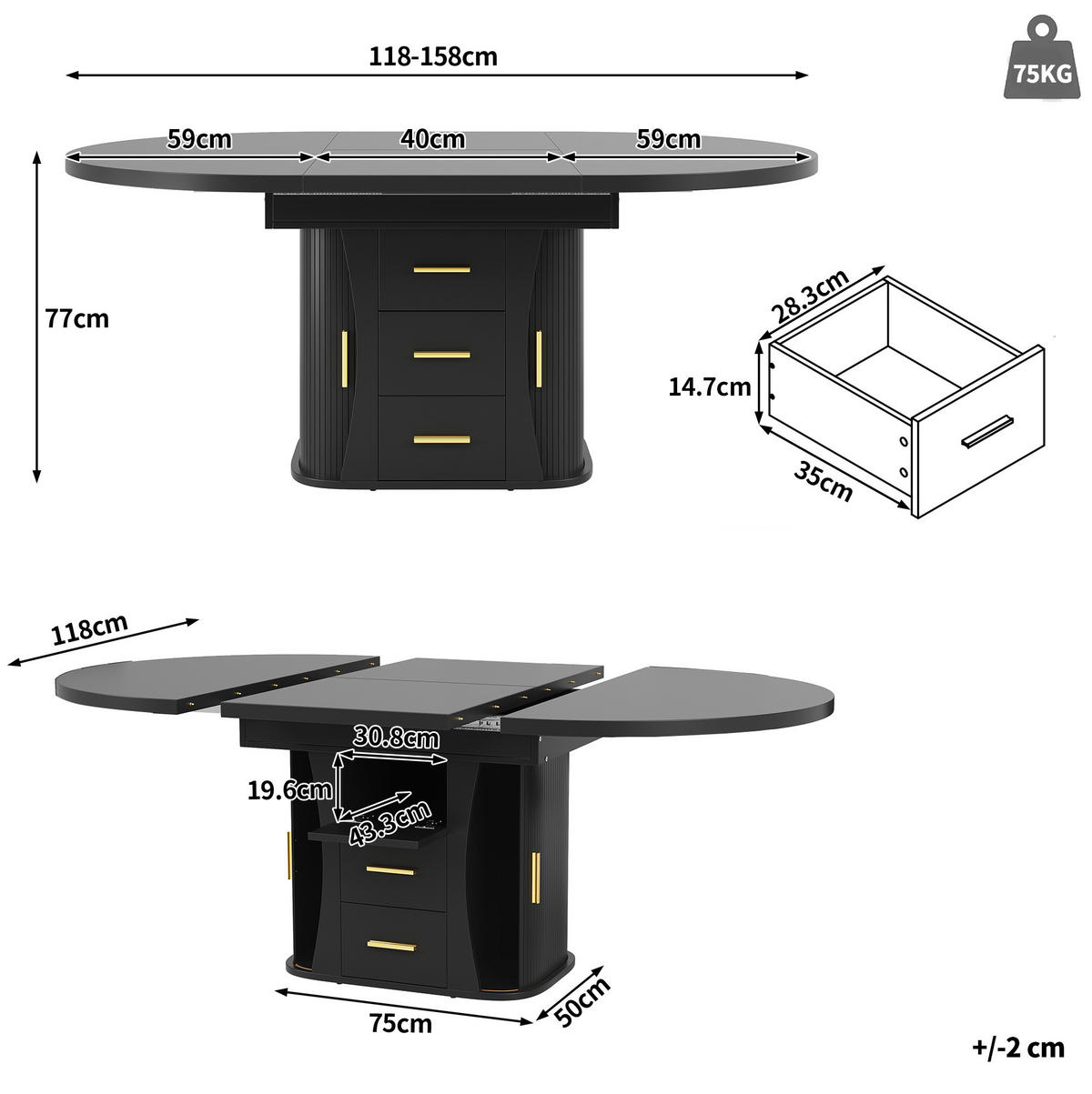 ESSTISCH 118-158/118/77 cm Schwarz aus MDF mit Ausziehfunktion - Schwarz, Holzwerkstoff (118/118/77cm) - OKMYHOME