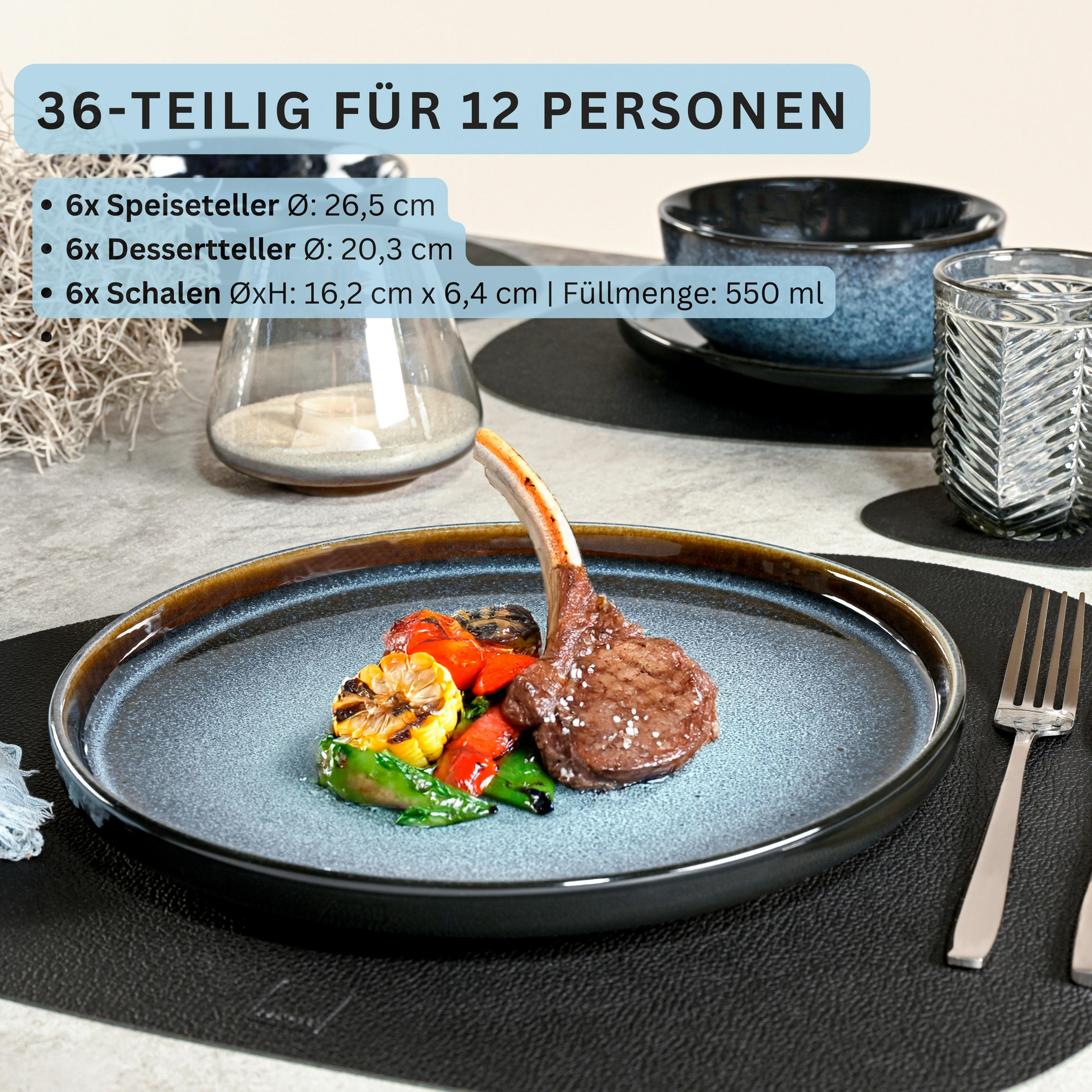 TAFELSERVICE OSAKA - 36 teilig aus Steingut 12 Personen - Dunkelblau, Stein (50/30/80cm) - Sänger