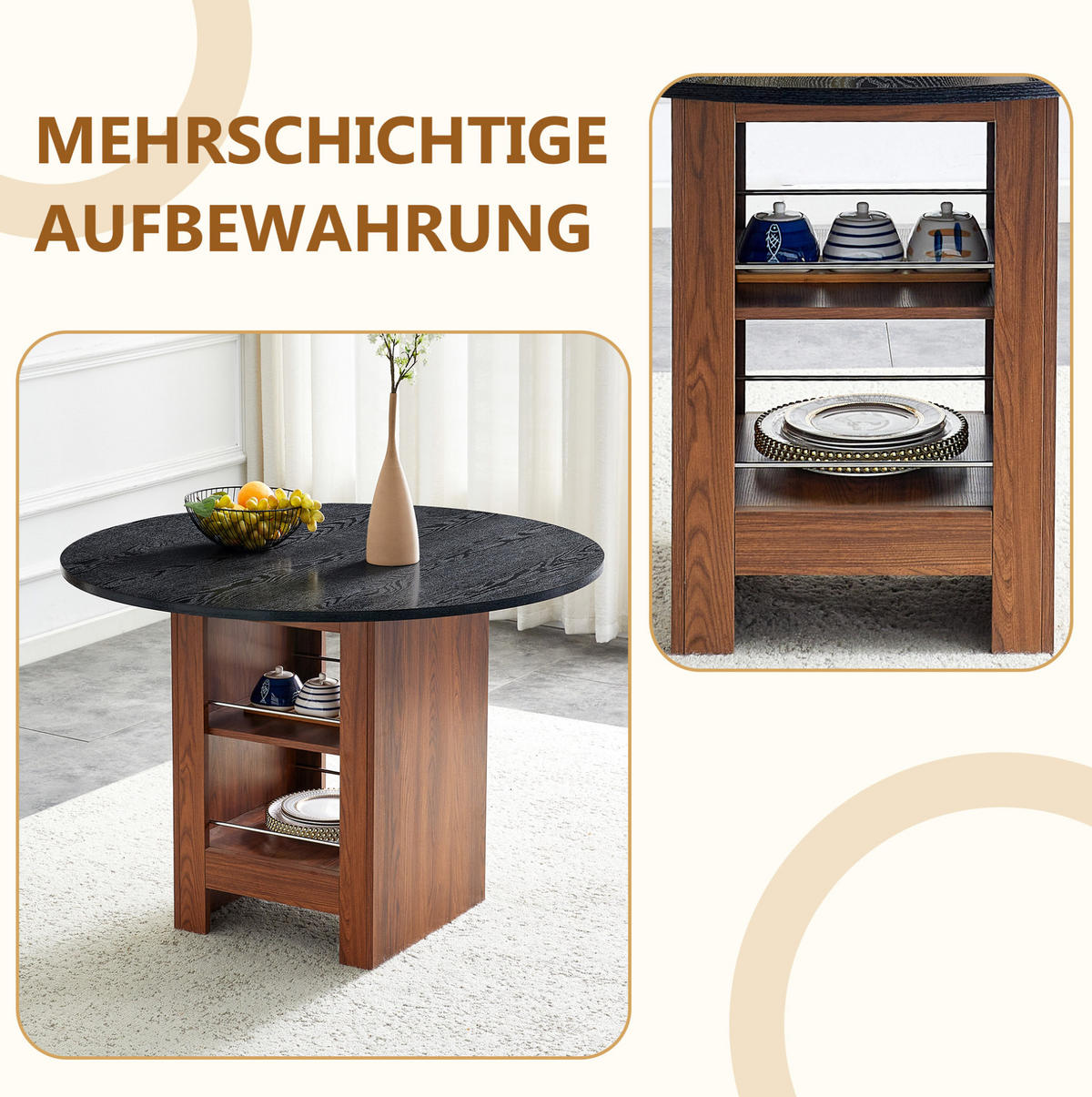 ESSTISCH 100/76 cm Walnuss/Schwarz aus MDF mit Stauraumfächern - Schwarz, Holzwerkstoff (100/100/76cm) - OKMYHOME