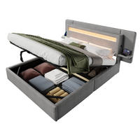 POLSTERBETT aus MDF und Leinen 140x200 cm Grau mit Bettkasten, LED-Beleuchtung, Nachttisch und USB-Anschluss - Grau, Textil (140/200cm) - Modfu
