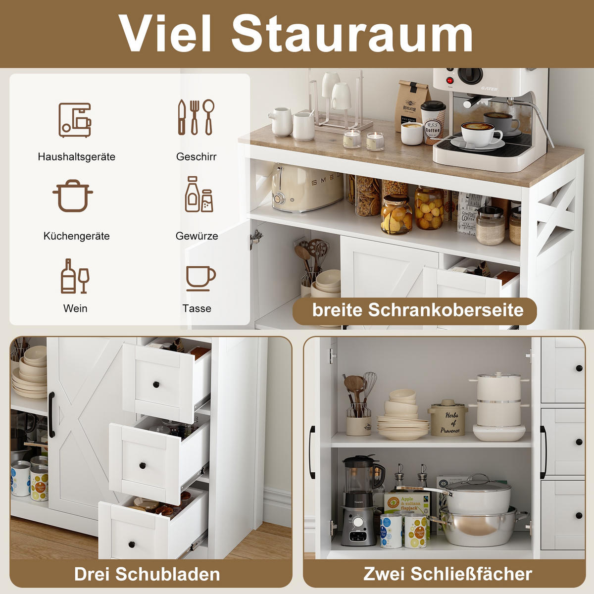 SIDEBOARD 100 cm, Skandinavischer Stil mit Kreuzdekoration, 3 Schubladen, 2 Türen und offenen Regalen, Weiß - Weiß, Holzwerkstoff (100/40/105cm) - Waldena