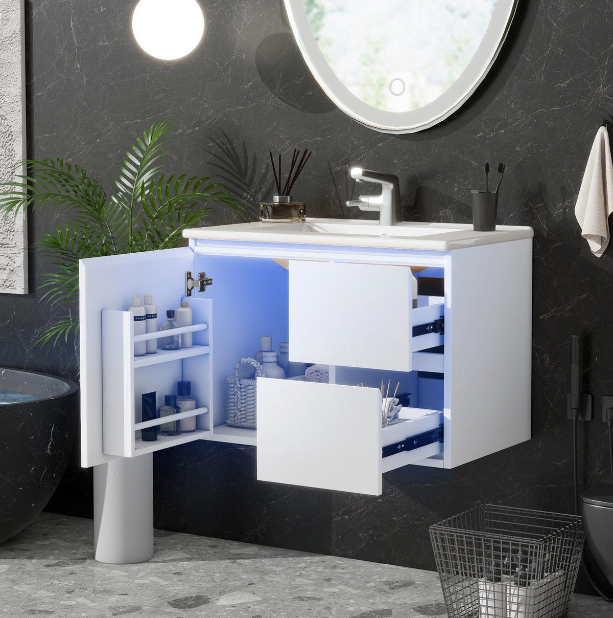 BADEZIMMERSCHRANK mit Keramikwaschbecken 76 x 46 x 50 cm Weiß - Weiß, Holzwerkstoff (46/50/76cm) - Beauniv
