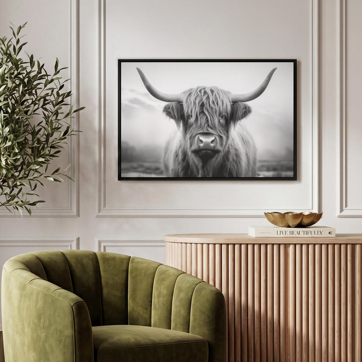 LEINWAND Bilder mit Rahmen - Schottischer Highlander - Nebel - Schwarz - Weiß - 60x40 - Grau, Textil (60/40cm) - MuchoWow